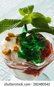 Closeup Of Fruit Parfait With Greek Yogurt And Mint Jello.