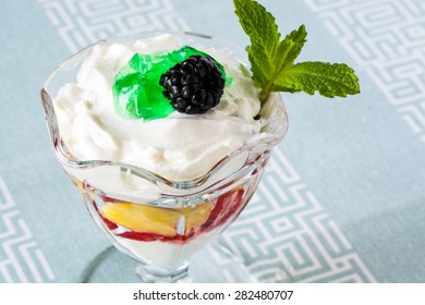 Closeup Of Fruit Parfait With Greek Yogurt And Mint Jello.