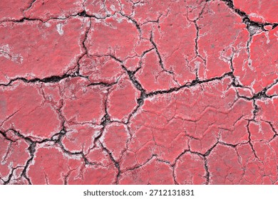 A close-up, full-frame abstract background of a rough red cracked surface showing deep fissures and a faint textured tire track impression
