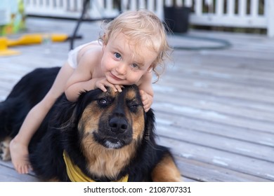 Closeup Funny Shot Of Two Year Old Boy Playing With Large Burmese Cross Family Dog In The Backyard, Riding On Top Of Trusting Canine With Copy Space.