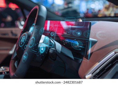 Close-up of a futuristic car dashboard featuring a digital interface with holographic displays and advanced controls. - Powered by Shutterstock