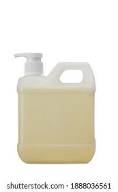 Closeup Gallon Bottle Of Yellow Soap With Refill  Droper Pump Isolated On White Background - Coronavirus And Covid-19 Prevention Concept