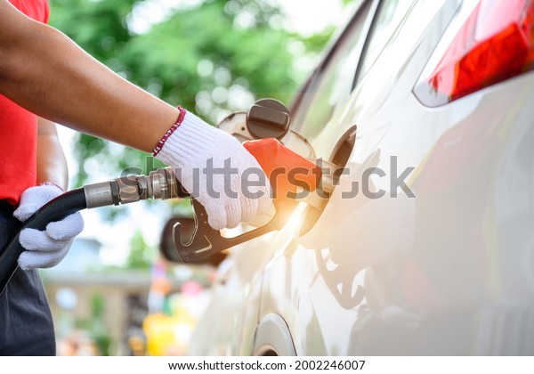 Close-up of a gas station worker working with a\
gasoline injector pump. to refuel Petrol pump - refueling Car\
refueling station.