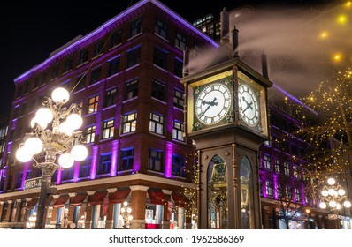 Close-up Gastown Steam Clock. Vancouver Downtown Beautiful Street View At Night. British Columbia, Canada.