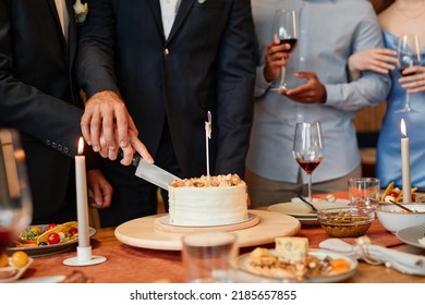 Closeup Of Gay Couple Cutting Cake Together During Wedding Reception, Same Sex Marriage, Copy Space