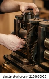 Close-up Of Gears Of Roll Press. Rolling Silver. Jewelry Repair Shop.