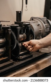 Close-up Of Gears Of Roll Press. Rolling Silver. Jewelry Repair Shop.