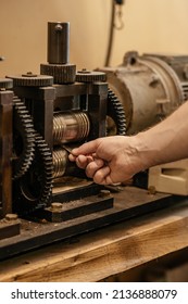 Close-up Of Gears Of Roll Press. Rolling Silver. Jewelry Repair Shop.