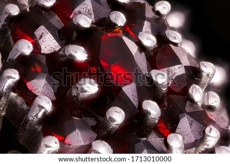 Close-up of gemstones in the ring. 
Red granatus stones at very high magnification. 