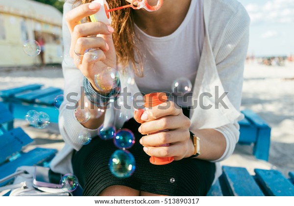 Closeup Girl Blow Bubbles On Beach Stock Photo Edit Now 513890317