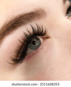 Close-up of a girl with blue eyes getting eyelash extensions. Beauty salon treatment, 2d volume, 3d volume, classical lashes, Russian volume, mega volume lashes, new set.