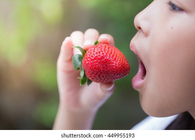 closeup girl eating strawberry