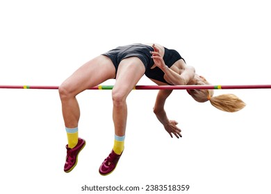 close-up girl jumper high jump in athletics championships, isolated on white background - Powered by Shutterstock