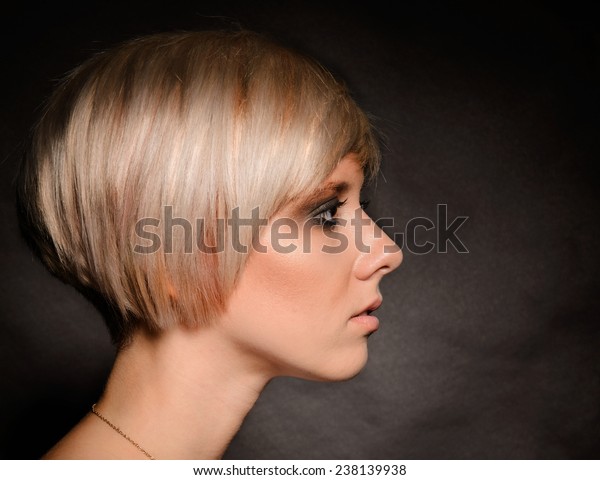 Closeup Girl Short Haircut Dark Background Stock Image