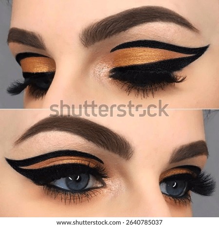 Close-up of glamorous eye makeup featuring dramatic double winged black eyeliner, bold metallic gold and copper eyeshadow, and voluminous false lashes. Perfect for cosmetics marketing. 