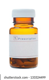 Closeup Of A Glass Prescription Bottle With A Blank Label, Brown Bottle With Pills Isolated On White.