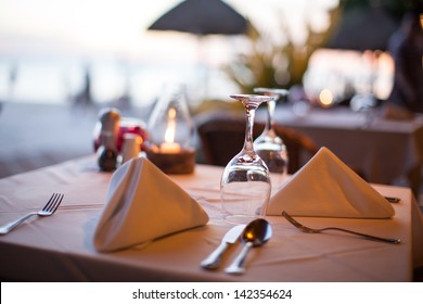 Close-up Of A Glass In A Restaurant In The Evening