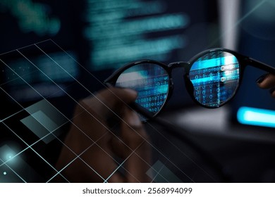 Close-up of glasses reflecting binary code, symbolizing technology and data. Glasses, code, and data create a tech-focused atmosphere. Software developer seeing binary code through glasses.