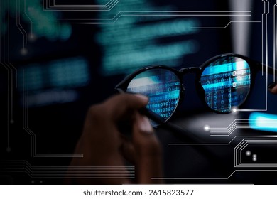 Close-up of glasses reflecting binary code, symbolizing technology and coding. Hands typing, tech theme, coding focus, binary code, tech innovation. Futuristic, technology concept.
