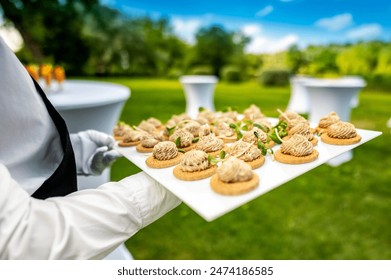 Close-up of a gloved hand holding a tray of assorted canapés at a garden party, with a blurred background - Powered by Shutterstock