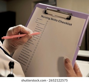 Close-up of a gloved nurse checking off tasks on a clinical skills checklist during training or evaluation in a healthcare facility. Education and competency focused. 