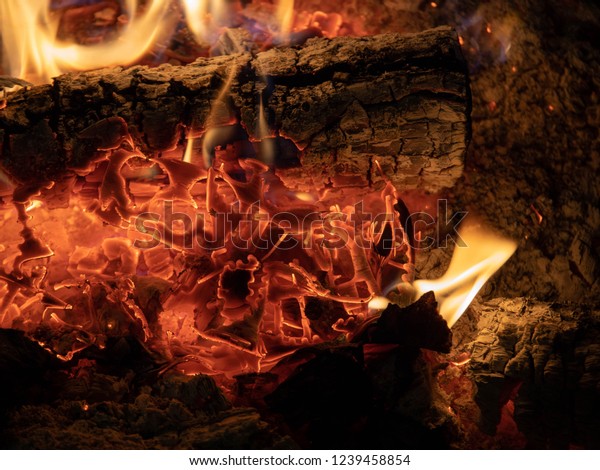 Closeup Glowing Embers Fireplace Charred Remains Stock Photo Edit
