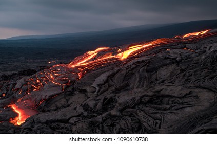 Closeup Of Glowing Lava Flow From Puu Oo In The Evening On The Pali In Kalapana, Big Island, Hawaii.