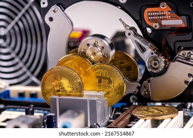 Close-up Of Gold Bitcoin On Computer Components Background, Technology And Digital Currency Concept