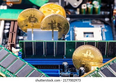 Close-up Of Gold Bitcoin On Computer Components Background, Technology And Digital Currency Concept