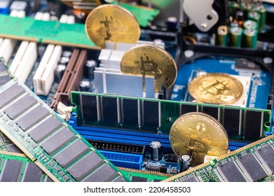 Close-up Of Gold Bitcoin On Computer Components Background, Technology And Digital Currency Concept