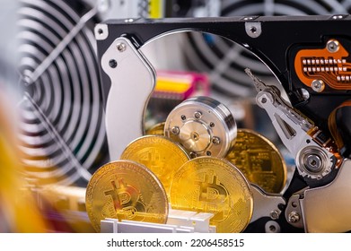 Close-up Of Gold Bitcoin On Computer Components Background, Technology And Digital Currency Concept