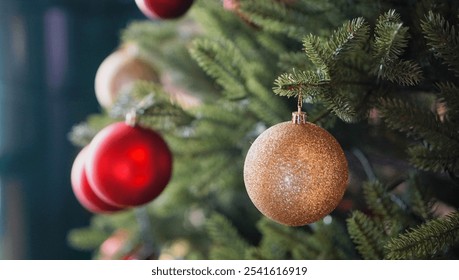 Close-up of a gold glittery Christmas bauble nestled next to a red bauble on a Christmas tree. Festive, sparkling holiday decor perfect for Christmas cards or winter celebrations. - Powered by Shutterstock