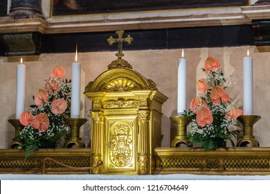 Closeup Of Golden Cenacle In Ancient Church