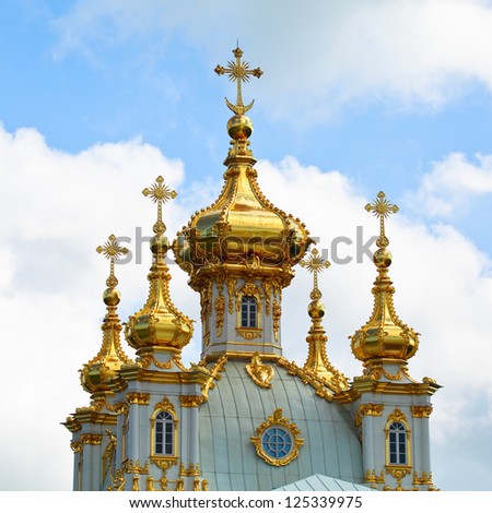 Closeup of golden cupola in Summer Gardens, Peterhof, Russia