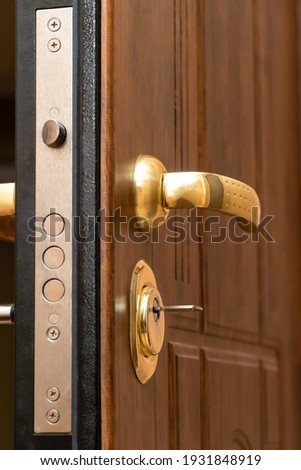 Close-up of the golden handle, the lock with the key of the beautiful brown front door. Vertical photo