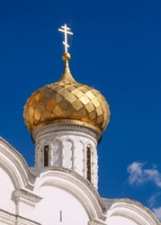 Close-up Of Golden Onion Dome Of The Trinity Cathedral In The Ipatiev Monastery, In Kostroma, The Golden Ring, Russia