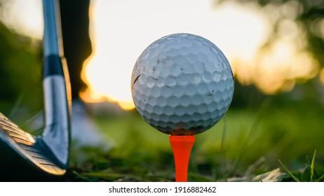 close-up of golf ball and club on green with sunset light