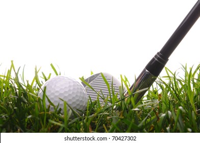 Closeup of a Golf Ball and Iron in tall grass with a white background.