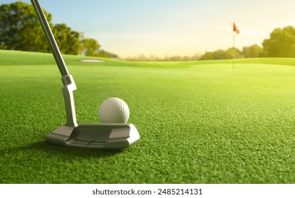 Close-up golf ball and golf putter before putting to the hole. - Powered by Shutterstock