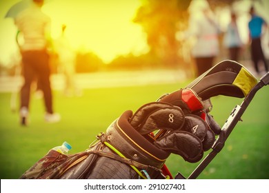 Closeup Of Golf Club In Bag On Golfer Background