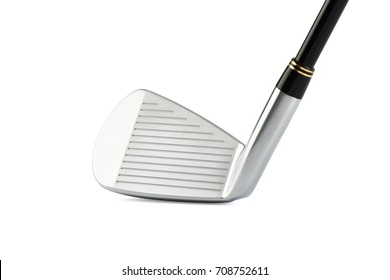 closeup of golf club iron No.7 face with horizontal grooves for spin on white background