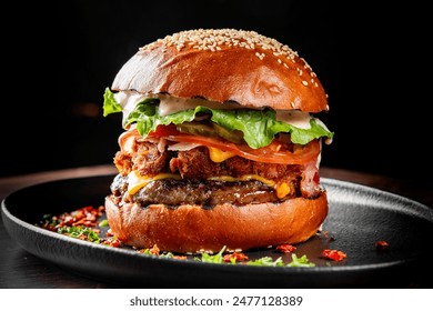 Close-up of a gourmet burger with a juicy patty, fresh lettuce, tomato, and sauce on a sesame seed bun, served on a dark plate with spices scattered around - Powered by Shutterstock