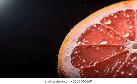 A close-up of a grapefruit slice, showcasing the juicy, vibrant red flesh covered in tiny water droplets. Blurred background, highlighting the freshness and detail of the fruit. - Powered by Shutterstock