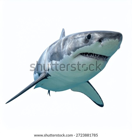 Close-up of a gray shark with sharp teeth, swimming towards the right, isolated on a clean white background.
