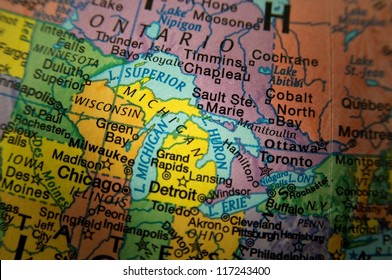 Closeup of Great Lakes on a map - Shutterstock ID 117243400