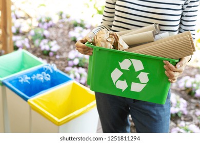 Close-up of a green basket with a recycling symbol with papers held by a woman - Shutterstock ID 1251811294