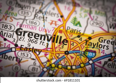 Closeup of Greenville, South Carolina on a road map of the United States.