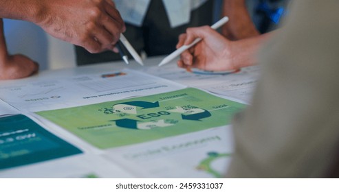 Closeup group Asia businesspeople talk ESG strategies risk management workshop night, SDGs, global warming, green finance and investment and net zero waste lifestyle in boardroom training building. - Powered by Shutterstock