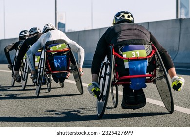 close-up group para athlete in wheelchair racing marathon race, sports summer games para athletics - Powered by Shutterstock