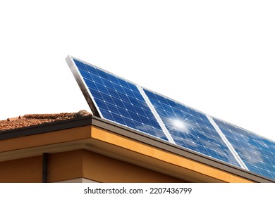 Close-up Of A Group Of Solar Panels Above The Roof Of A House, Isolated On White Background. Renewable Energies Concept.